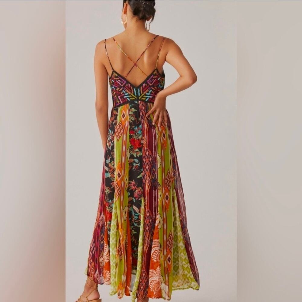 Anthropologie Multi Print V Neck Embroidered Geometric Maxi Dress - Picture 14 of 14